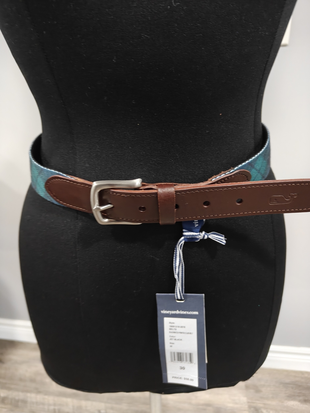 Vineyard Vines Blackwatch Plaid Club Teal  Belt SZ 30 Brown Leather Trim